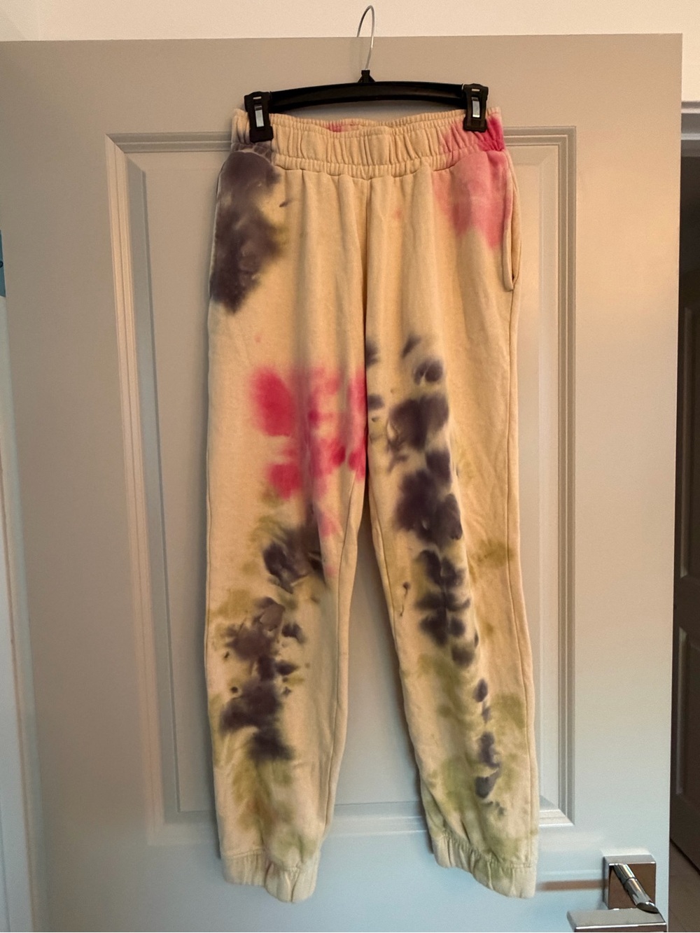 AFRM Tie-Dye Sweatpants in Cream with Pink, Black & Green